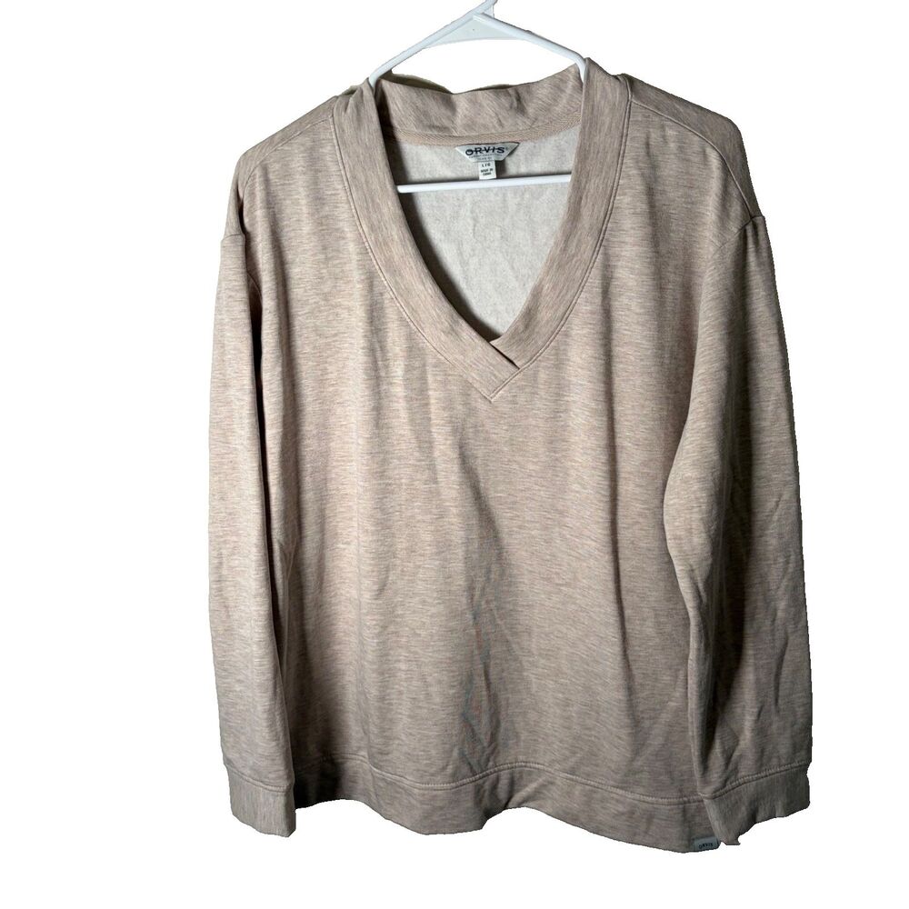 Orvis Sweatshirt Women's Large Fleece Pullover V-Neck Brown Oversized Casual